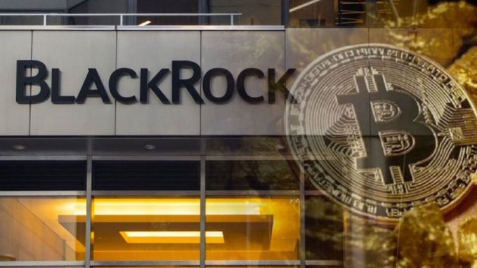 The image shows the exterior of a BlackRock office building with the company's name prominently displayed in large black lettering, overlaid with a golden Bitcoin coin graphic, visually symbolizing BlackRock's significant involvement with Bitcoin, including the reported $1 billion worth of BTC purchased by their ETFs this week.