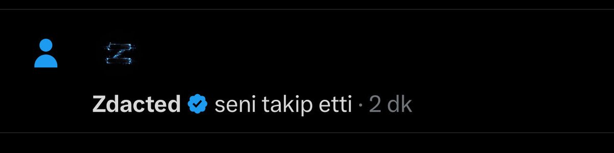 The image shows a Twitter/X notification with a dark background, featuring a blue person icon, a glitchy "Z" logo, and the text "Zdacted ✓ seni takip etti · 2 dk," indicating that the verified user Zdacted followed the recipient two minutes ago, which aligns with the post's claim that the project followed them.