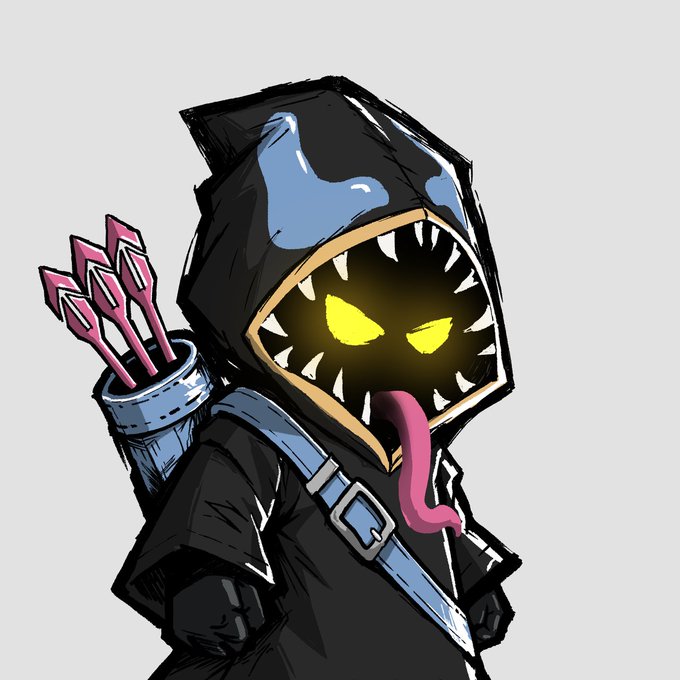 A hooded cartoon archer character with glowing yellow eyes, a jagged toothy maw, and a long pink tongue, carrying a quiver of pink-fletched arrows on its back. The image showcases the 1/1 honorary NFT art by @hoojafun that the poster just acquired, highlighting the character's mischievous, monster-like design.