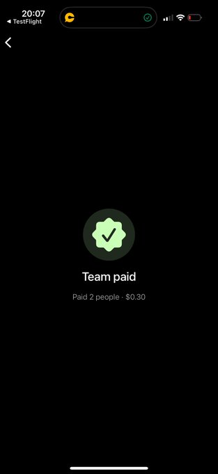 A dark mode mobile app screen showing a 'Team paid' confirmation with a green checkmark badge, stating 'Paid 2 people · $0.30'.