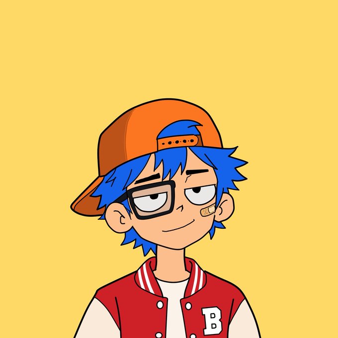 A cartoon-style portrait of a character with blue hair, an orange cap, glasses, a bandage on their cheek, and a red and white varsity jacket with a 'B' on it, set against a solid yellow background.