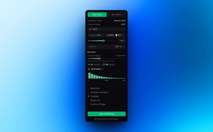 A mobile interface for placing limit TRADE orders shows a buy/long position on the TMPO token against BTC, with 1,699.12 USDC available, 0.34815 BTC in the amount field, a 720-hour duration, and factors like 15 intervals, 78% pollution, and guaranteed completion—matching the quote at quotemarkets.xyz/alpha/TREAD.