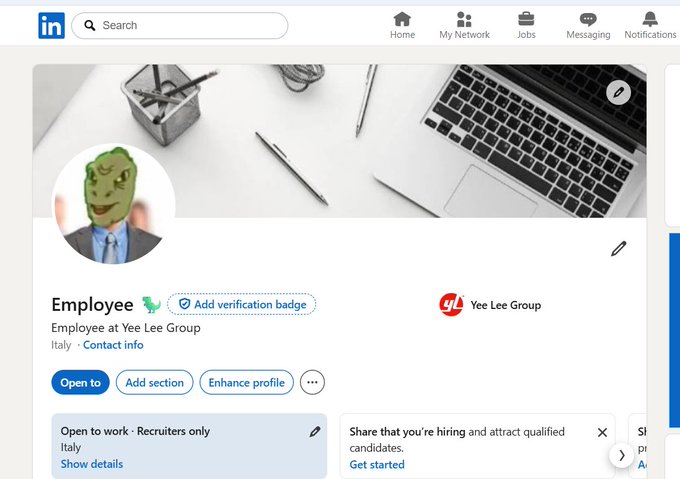 LinkedIn profile page for an Employee at Yee Lee Group (Italy), featuring a Pepe the Frog avatar, with options to add verification badge, sections, and share hiring info.
