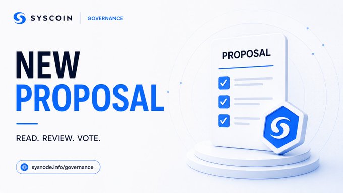 A Syscoin governance announcement banner reading "NEW PROPOSAL — READ. REVIEW. VOTE." directs Sentry Node operators to sysnode.info/governance to review and vote on the Ecosystem Sustainability & Liability Reduction Proposal, with the accompanying illustration of a checklist proposal document reinforcing the call to action for participation.