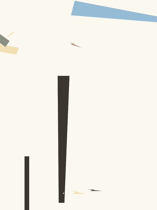A minimalist abstract artwork featuring a tall black vertical pillar shape on a cream background, accompanied by geometric shapes in blue, tan, and gray at the edges.