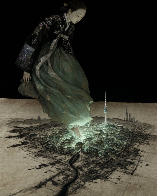 A woman in a traditional green and black hanbok appears to float above and illuminate a glowing map-like city layout set against a dark background.