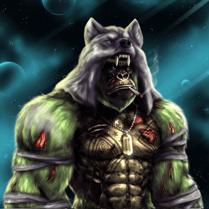The image features a muscular gorilla with a wolf head hat and a necklace around its neck. The gorilla has a gun in its mouth, giving off an impression of strength and power. The background consists of blue and green colors that create a futuristic atmosphere. The caption provided is related to a trading game called "Wolf swap dot app" or possibly a competition involving the characters from the movie "Wolfswap Dot".