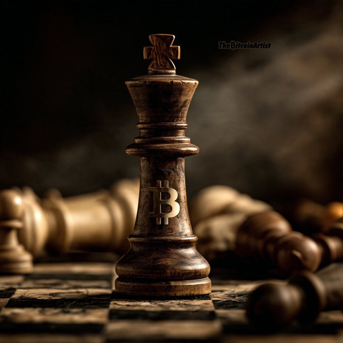 A dramatic, darkly lit image of a bronze chess king piece featuring the Bitcoin 'B' symbol on its side, standing prominently on a chessboard with other pieces blurred in the background, watermarked 'TheBitcoinArtist'.