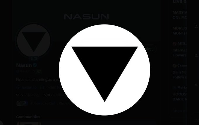 A Twitter/X profile screenshot for Nasun (@Nasunic) featuring a black inverted triangle logo, showing 595 following and 5,083 followers, overlaid with a large version of the triangle logo.