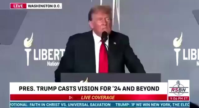 The image shows a man standing at a podium, giving a speech or addressing an audience. The text displayed on the screen reads "PRES. TRUMP CASTES VISION FOR 24 AND BEYOND RSN. Faith In Christ vs. Universal Salvation. TRUMP WILL BECOME THE CRYPTO CAPITAL!!!". This message is related to the post because it suggests that there might be a connection between the speech and the cryptocurrency market, possibly indicating that Trump supports or plans to support the use of cryptocurrency as a means of currency.

The image also includes other elements such as logos for "Liberty" and "RSB", which could potentially be related to the political context surrounding the speech. The overall scene suggests that there might be some sort of connection between the speech, the cryptocurrency market, or both in terms of their impact on society or politics.
