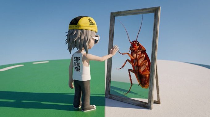 A 3D game-style scene shows a construction-helmeted character reaching toward a large insect visible through a freestanding mirror or portal.