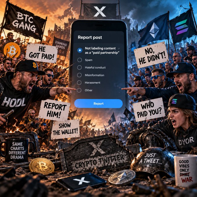 A dramatic, chaotic scene depicting a crypto Twitter war, with opposing factions holding signs like "BTC GANG," "HE GOT PAID!," "REPORT HIM!," and "WHO PAID YOU?" around a central phone showing a "Report post" menu on X (formerly Twitter) with the option "Not labeling content as a 'paid partnership'" selected.