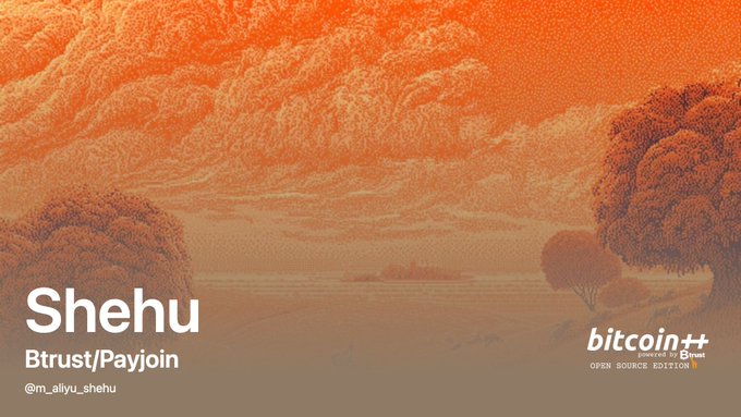 The image features a poster for an event at Bitcoin++ Nairobi that is happening June 17-19, 2026. The poster includes a painting of trees with orange clouds above them, which adds a warm and inviting atmosphere to the event. The text on the poster announces that Shehu of Btrust/Payjump will be speaking at the event, and it also mentions that the Bitcoin++ Open Source Edition is available for purchase.