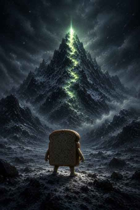 A dramatic fantasy-style image of an anthropomorphic slice of bread standing with its back to the viewer, facing a massive, jagged mountain with a glowing green energy beam shooting from its peak into a stormy night sky.