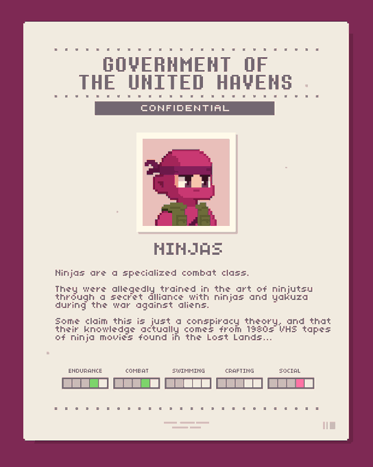 A pixel art style 'CONFIDENTIAL' document titled 'GOVERNMENT OF THE UNITED HAVENS' describing the 'NINJAS' class with stat bars for Endurance, Combat, Swimming, Crafting, and Social.