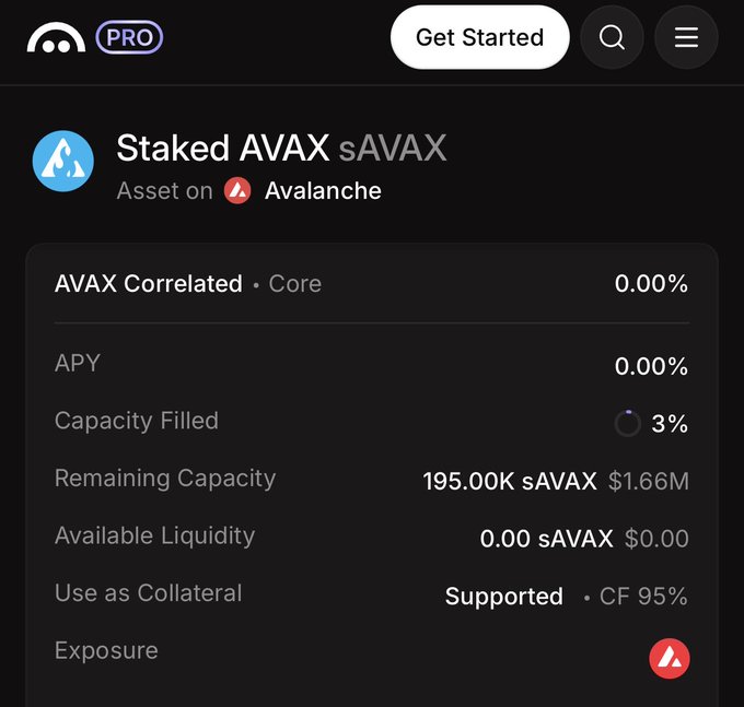A cryptocurrency app screenshot showing details for "Staked AVAX sAVAX" on the Avalanche network, displaying metrics like APY at 0.00% and Capacity Filled at 3%.