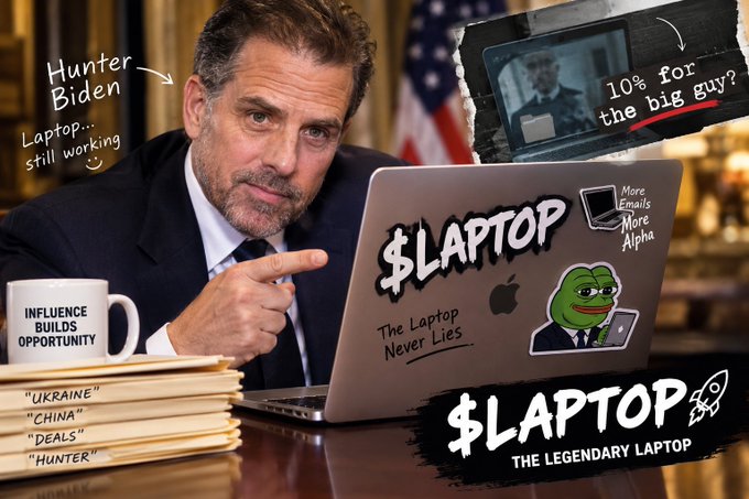 A meme-style image of Hunter Biden labeled "Hunter Biden Laptop... still working" pointing at a laptop covered in Pepe the Frog stickers and text like "$LAPTOP THE LEGENDARY LAPTOP," with an inset video clip captioned "10% for the big guy?"