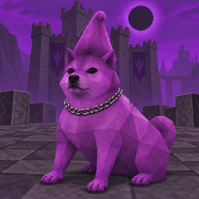 A low-poly, purple 3D rendering of a Shiba Inu dog wearing a wizard hat and a chain collar, set against a dark purple castle landscape with a solar eclipse in the sky.