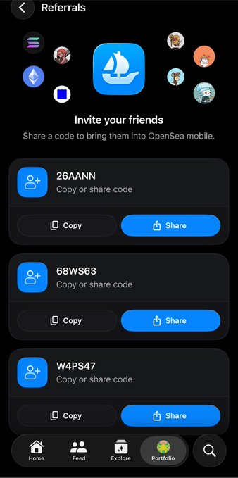 A screenshot of the OpenSea mobile app's "Referrals" page displaying three invite codes (26AANN, 68WS63, and W4PS47) available to share with friends, supporting the post's offer of three referral codes on a first-come, first-served basis.