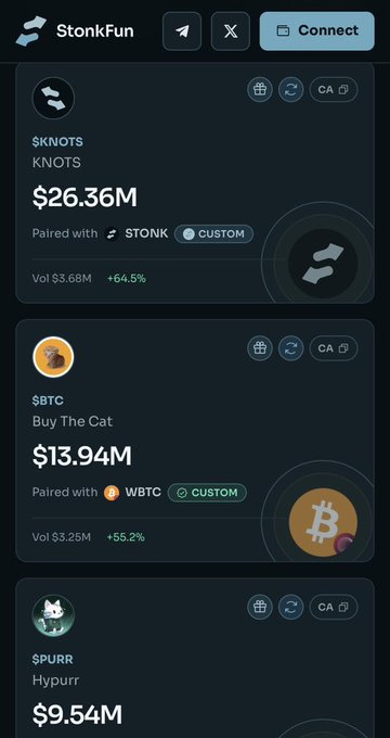 The image shows the StonkFun platform displaying three tokens: **$KNOTS** (KNOTS) at $26.36M paired with $STONK, **$BTC** (Buy The Cat) at $13.94M paired with WBTC, and **$PURR** (Hypurr) at $9.54M, with the user expressing frustration in the caption that every LaunchOnSF token except the ones they hold is pumping, highlighting the strong price increases (+64.5% and +55.2%) seen on tokens they didn't invest in.