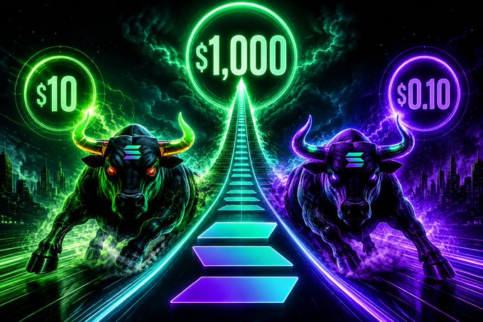 Two neon-lit charging bulls—one glowing green with a $10 target and the other glowing purple with a $0.10 target—race up a glowing stairway toward a central $1,000 milestone, visually representing the bold price predictions for $ANSEM, $CURB, and $SOL alongside the #SOLANA hashtag. The dual bull imagery symbolizes the bullish momentum behind each token's projected rally.