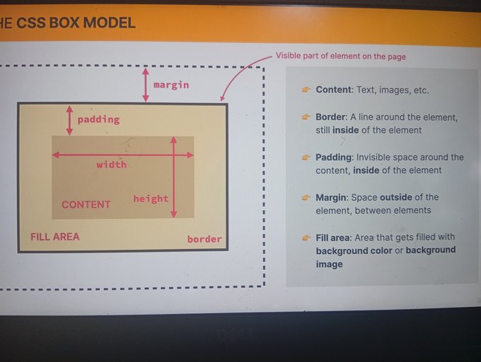 A diagram explaining 'THE CSS BOX MODEL' with labels for content, border, padding, margin, width, height, and fill area.