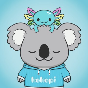 A cute cartoon illustration of a gray koala wearing a light blue hoodie labeled 'kokopi' with a small blue axolotl-like creature sitting on its head.