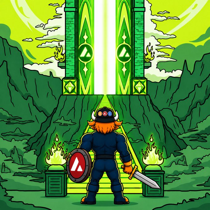 A stylized digital illustration shows a viking-like warrior character from behind, holding a sword and shield, gazing toward a massive glowing green doorway in a fantasy landscape.