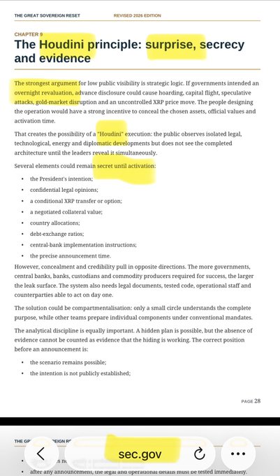 A page from a document titled 'Chapter 9: The Houdini principle: surprise, secrecy and evidence' with sections highlighted in yellow, including the chapter title and 'sec.gov' at the bottom.
