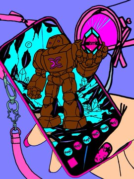 A colorful illustration showing a hand holding a pink phone displaying a robot/mech figure on the screen, set against a vibrant pink and blue background with decorative elements.