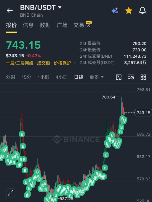 A Binance trading chart showing BNB/USDT price at $743.15, down 0.43%, with 24h high of 750.20 and low of 733.00.