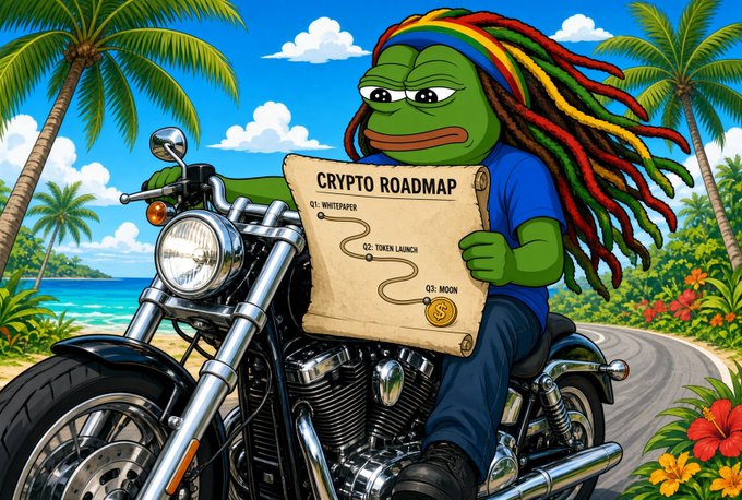A cartoon Pepe the Frog with colorful Rastafarian dreadlocks rides a chrome Harley-Davidson motorcycle along a tropical beach road, holding a scroll labeled "CRYPTO ROADMAP" with milestones "Q1: WHITEPAPER," "Q2: TOKEN LAUNCH," and "Q3: MOON" beside a gold coin, visually promoting the "$BOB" meme token launch on the Solana blockchain as teased in the accompanying post.