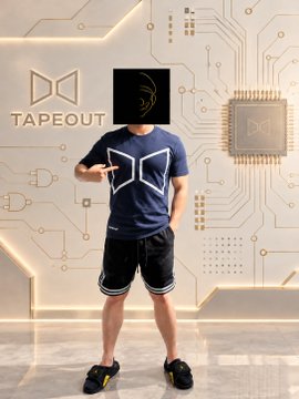 A person wearing a blue t-shirt with a white geometric logo, black shorts, and black sneakers stands in a futuristic room with circuit-board patterned walls; their head is obscured by a black square with a gold design, and logos reading 'TAPEOUT' and 'DO' are visible in the background.