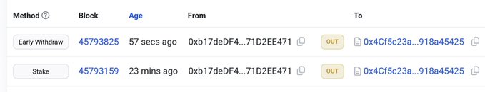 A blockchain transaction history screenshot displaying two entries: an 'Early Withdraw' and a 'Stake', both transferring between addresses starting with 0xb17deDF4... and 0x4Cf5c23a...