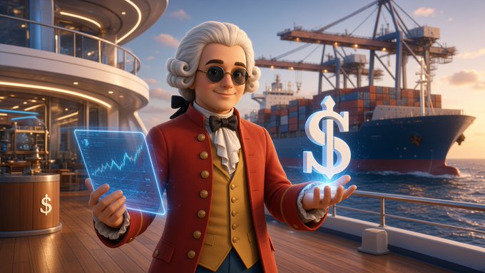 A 3D rendered image of a cartoon figure dressed as an 18th-century merchant holding a holographic tablet with a stock chart and a glowing dollar sign, with a cargo ship and port in the background.