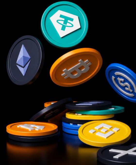 A 3D render shows various cryptocurrency coins including Tether (USDT), Ethereum (ETH), Bitcoin (BTC), and Binance Coin (BNB) scattered against a black background.