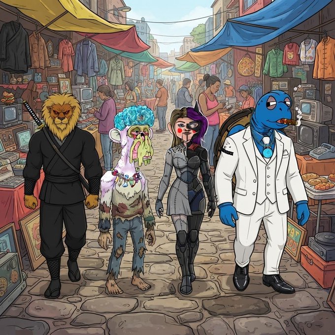 An illustration of four anthropomorphic characters—a lion samurai, a zombie, a cyberpunk woman, and a turtle in a white suit—standing in a bustling marketplace.