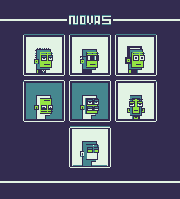 Pixel art graphic titled 'NOVAS' displaying seven stylized green character faces in frames arranged in a grid pattern on a dark purple background.