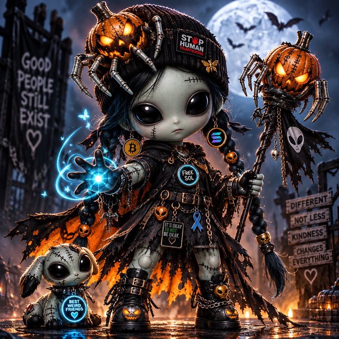 A Halloween-themed crypto mascot character with a stitched alien-style doll, jack-o'-lantern spider companions, and signs reading "GOOD PEOPLE STILL EXIST" and "DIFFERENT NOT LESS KINDNESS CHANGES EVERYTHING," alongside crypto coins labeled "FREE SOL" and "BEST MEME FRIENDS."

The whimsical, spooky yet wholesome aesthetic matches the commenter's enthusiasm by blending horror-cute visuals with positive, uplifting messages—suggesting that even in the chaotic crypto meme space, good vibes and community spirit ("BEST MEME FRIENDS") still thrive.