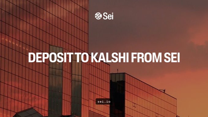 A promotional graphic with an orange-tinted sky and glass skyscraper backdrop features the Sei logo and "DEPOSIT TO KALSHI FROM SEI" text, visually supporting the announcement that SEI and USDC deposits to Kalshi are now live.