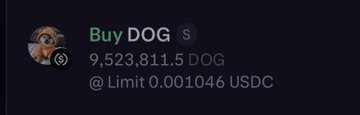 A digital asset listing showing 'Buy DOG' with an amount of 9,523,811.5 DOG at a limit price of 0.001046 USDC.