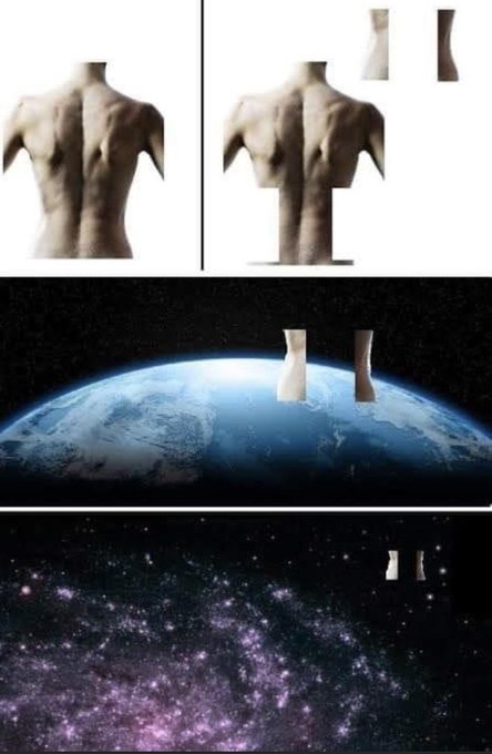 A four-panel meme showing a person's torso with arms, then progressively zooming out to show the arms floating above Earth, then floating in outer space among stars.