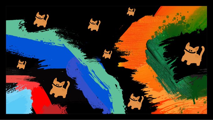 An abstract artwork featuring colorful paint splashes with multiple smiling cartoon cats scattered across a black background.