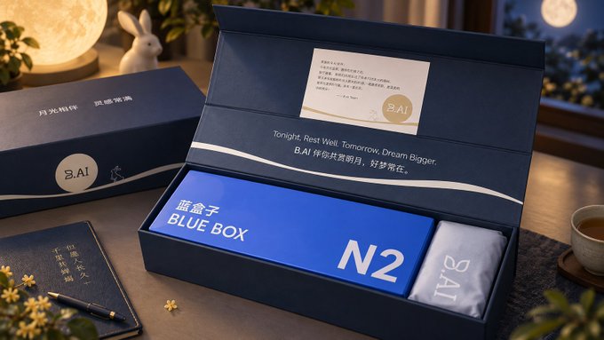 A dark blue B.AI gift box is open to reveal a "BLUE BOX N2" memory pillow package and a note reading "Tonight, Rest Well. Tomorrow, Dream Bigger," alongside branded accessories and a moon lamp—matching the Mid-Autumn Festival merch from Justin Sun mentioned in the post.