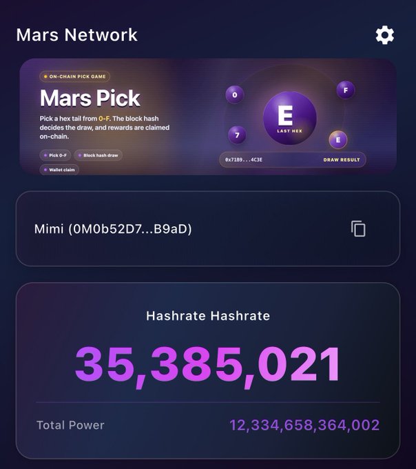 A screenshot of the "Mars Network" app displays the "Mars Pick" on-chain pick game and shows a Hashrate of 35,385,021 with a Total Power of 12,334,658,364,002 for user Mimi (0M0b52D7...B9aD), visually confirming the receipt of creator program rewards mentioned in the post.