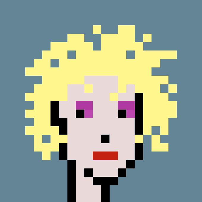 The image features a digital art piece of an albino person with blonde hair, wearing red lipstick and having a pink nose. The background color is blue, which contrasts with the white face of the character. The caption below the image reads "Anotha one! Thank you @Fountainxyz for coordinating this deal for this @cryptopunks".