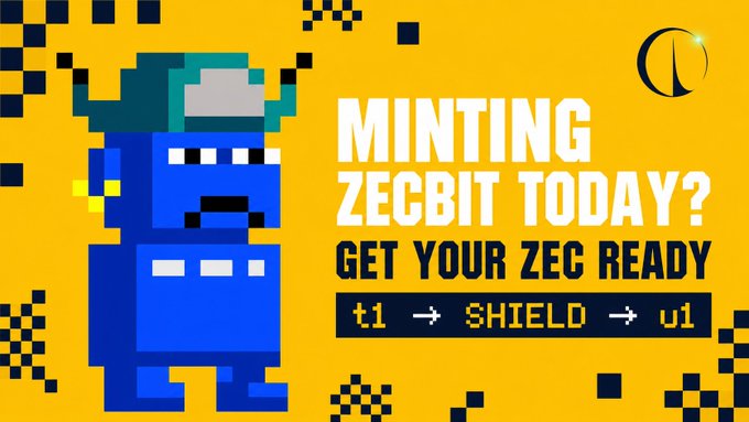 A pixel-art blue bull mascot wearing a cap appears alongside bold yellow and white text reading "MINTING ZECBIT TODAY? GET YOUR ZEC READY" with a flow showing "t1 → SHIELD → u1," visually summarizing the post's guidance on converting transparent t1 ZEC into shielded u1 ZEC before minting the ZecBit NFT.