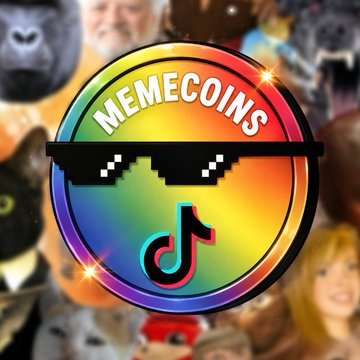 A colorful rainbow circular logo for 'MEMECOINS' featuring pixelated sunglasses and a TikTok icon, set against a background collage of various cat and meme images.