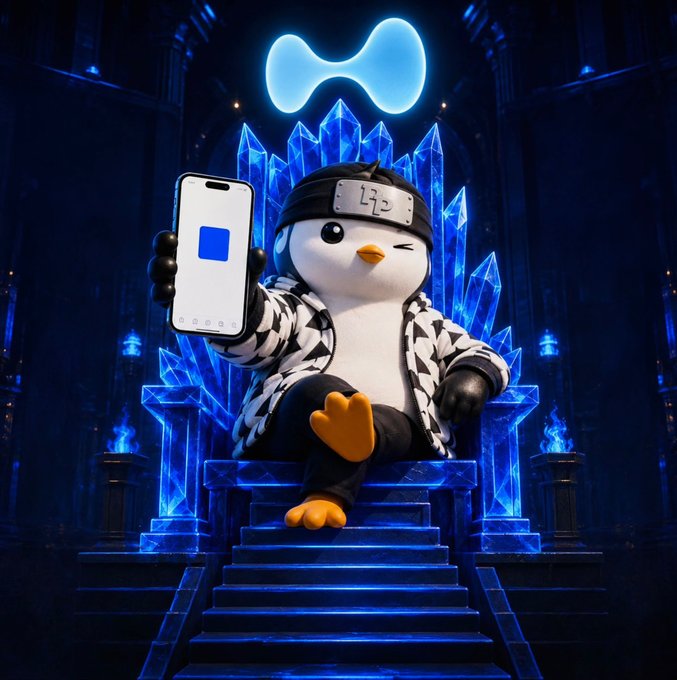 A digital illustration shows a penguin mascot wearing a ninja headband and checkered jacket, sitting on a glowing blue ice throne while holding up a smartphone with a blue square on the screen.