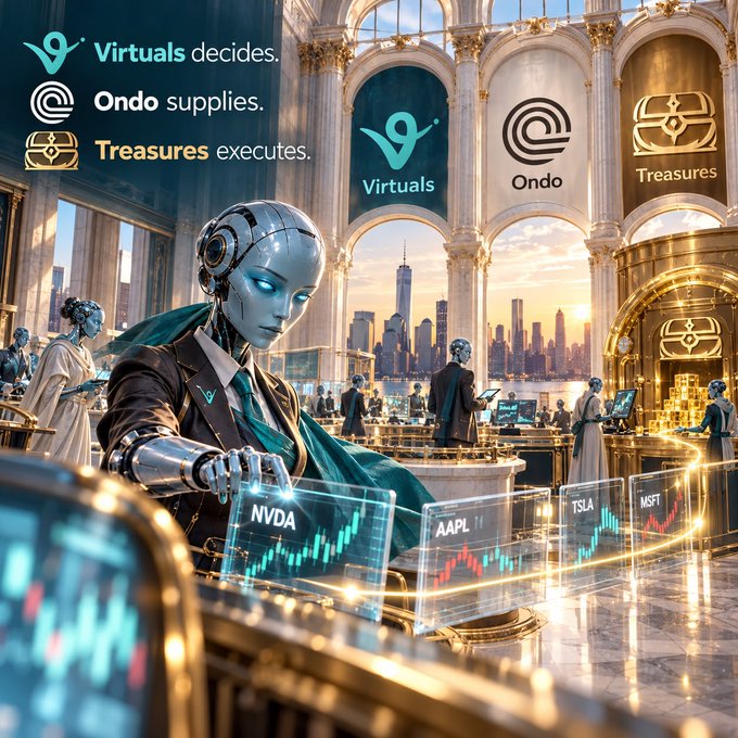 A futuristic scene featuring a robot in a suit analyzing holographic stock charts for tickers like NVDA, AAPL, TSLA, and MSFT, with text overlays reading 'Virtuals decides', 'Ondo supplies', and 'Treasurers executes'.